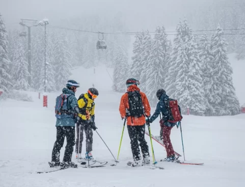 four skiers stand chatting in the snowiest of environments, under a gondola. The huge pine trees surrounding them on the piste are laden with snow