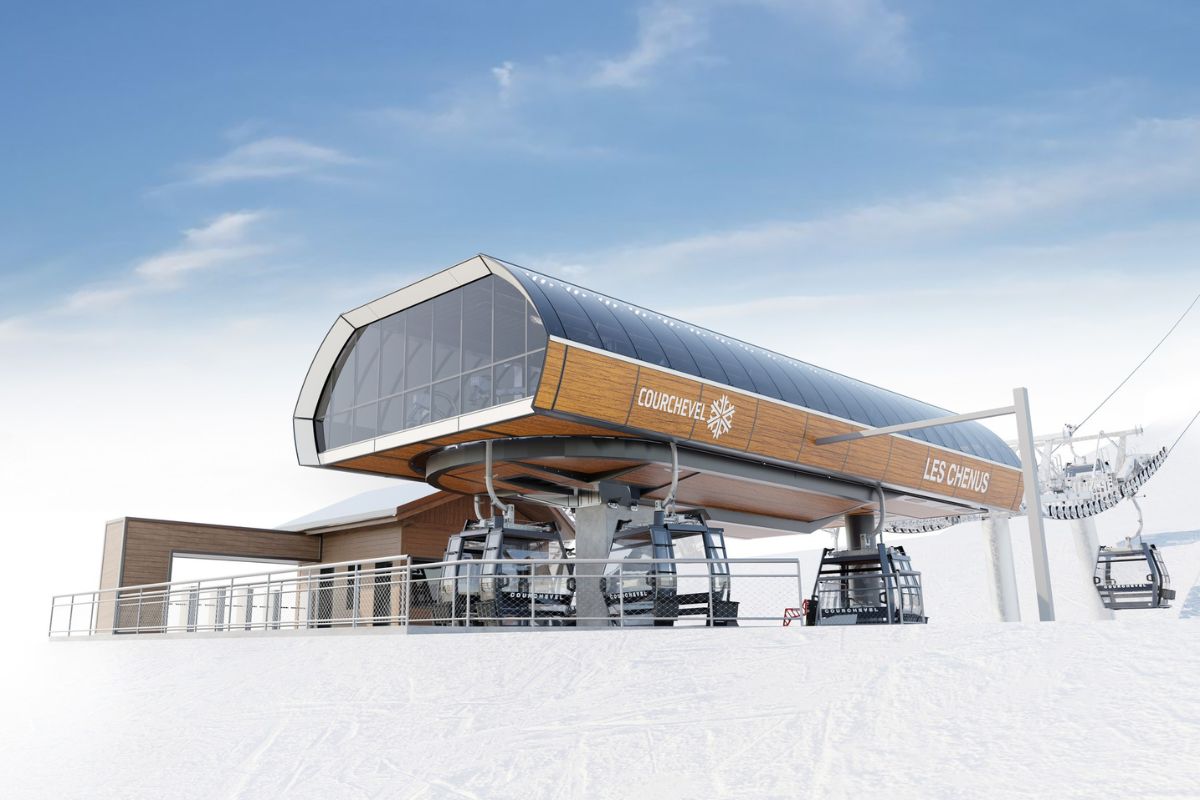 New Chenus gondola Courchevel top station with modern wood-panel design and 10-seater cabins”
