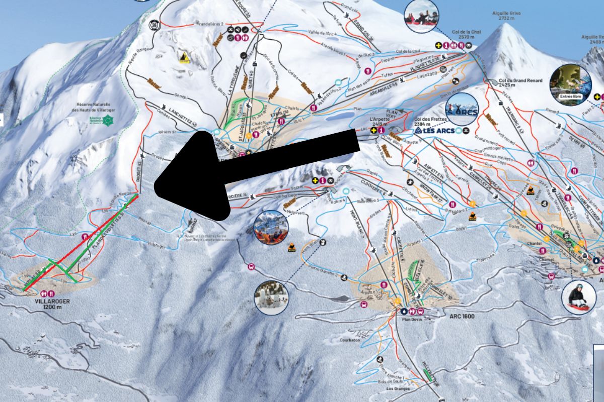 Piste map of Les Arcs showing new Villaroger gondola route replacing Replat and Plan des Violettes chairlifts.