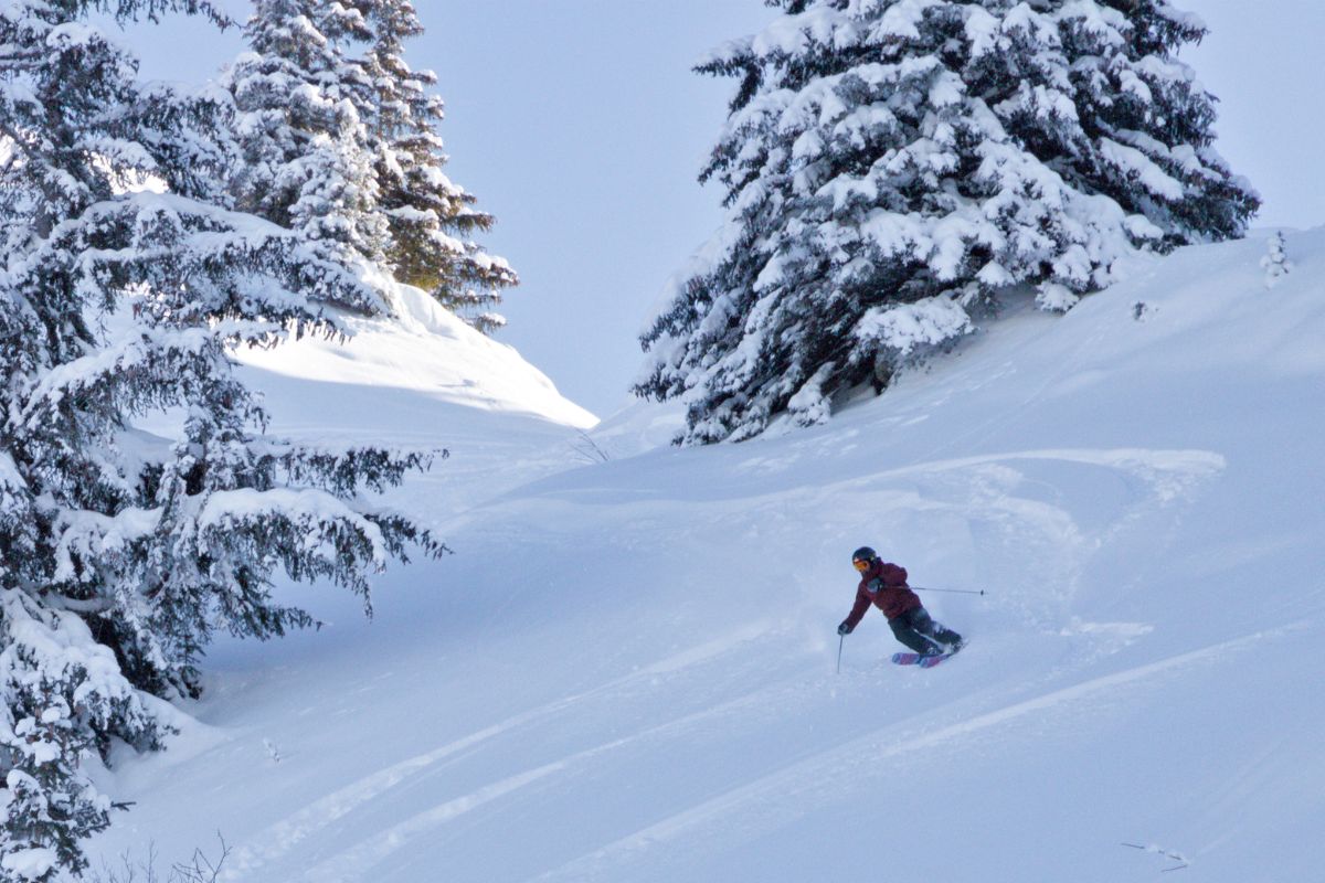Freeride skier in deep powder Morzine ski resort