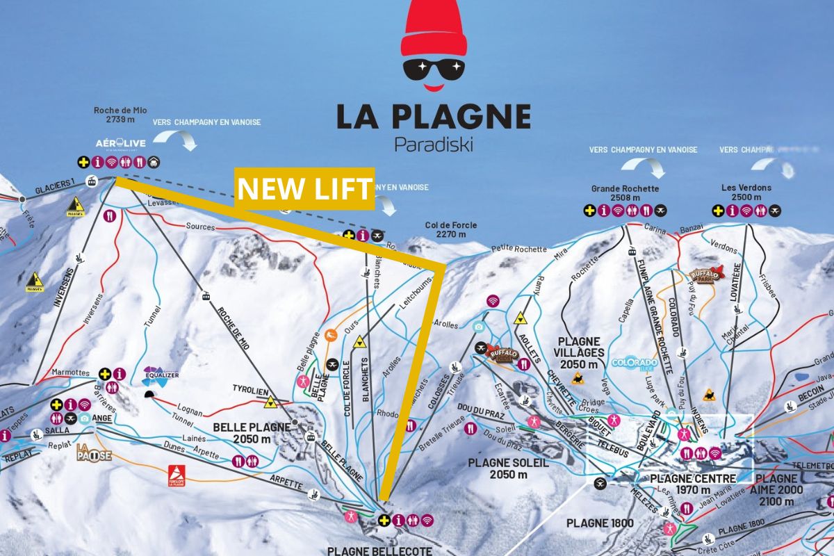 La Plagne piste map showing new Roche de Mio Gondola route from Plagne Bellecôte via Col de Forcle.