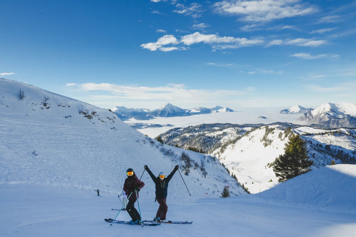Winter skiing in Morzine ski resort with mountain views