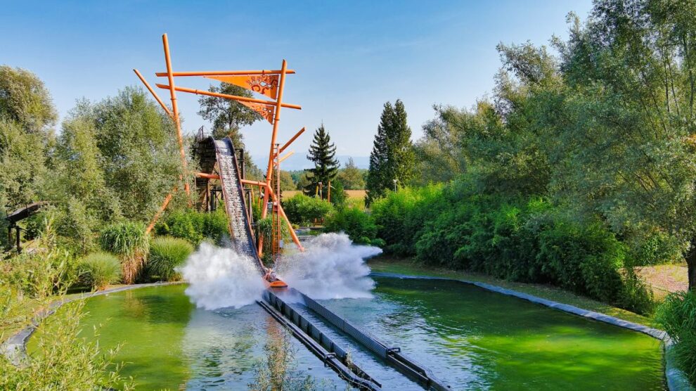 Big water splash ride at Walibi Rhône-Alpes Alpine theme park France