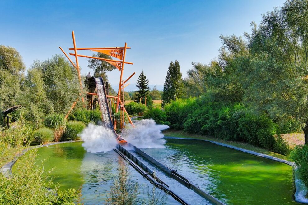 Big water splash ride at Walibi Rhône-Alpes Alpine theme park France