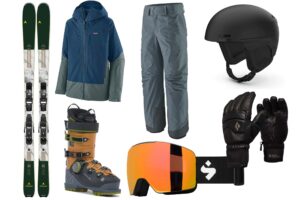 a collection of men's all-mountain ski gear, mocked up on page