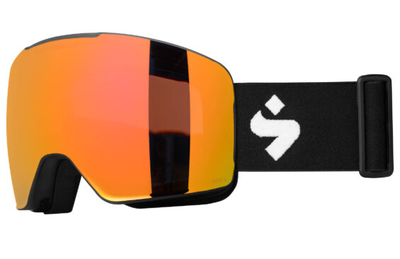 orange lens, black strap ski goggles