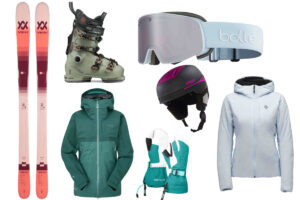 a collection of women's all-mountain ski gear, mocked up on page