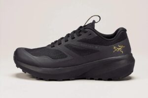 black trail running shoe by Arc'teryx on a pinkish background