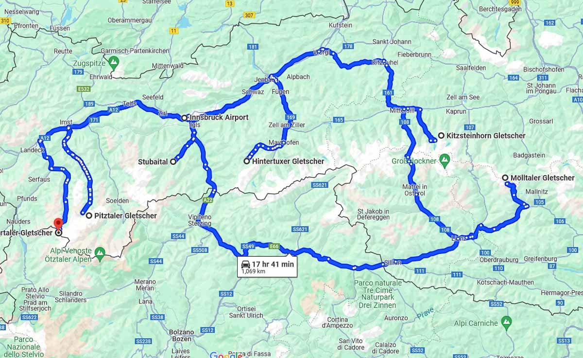 a route drawn out on a map through Austria