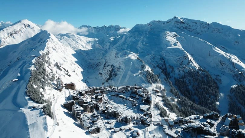 Avoriaz, a mountain top village, pictured by drone from above