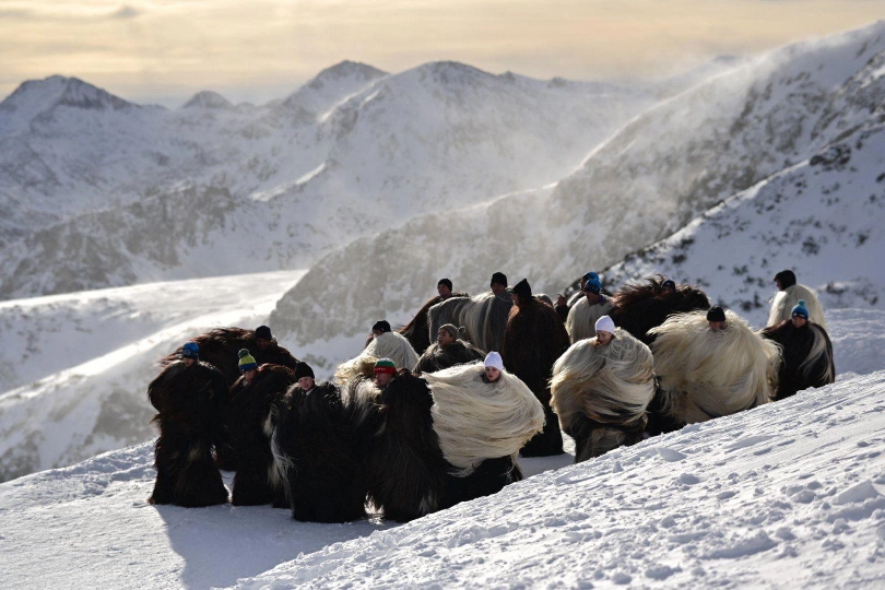 people dressed in trad. Bulgarian fur outfits, like yetis, assemble on the snow