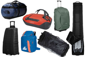 a collection of ski bags complied on white background