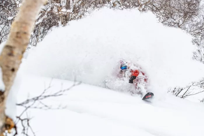 a snowboarder is lost in a cloud of snow as they ride off-piste in deep powder in Japan