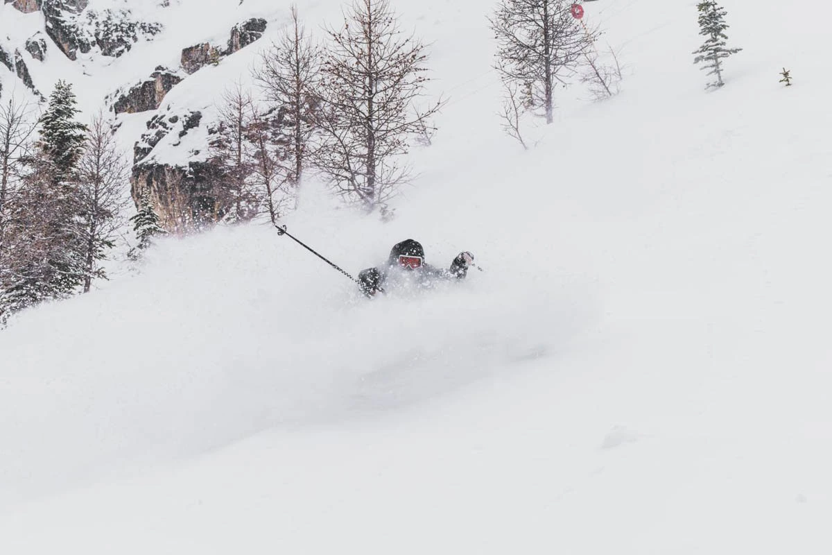 a skier's head and hands are visible skiing deep powder snow