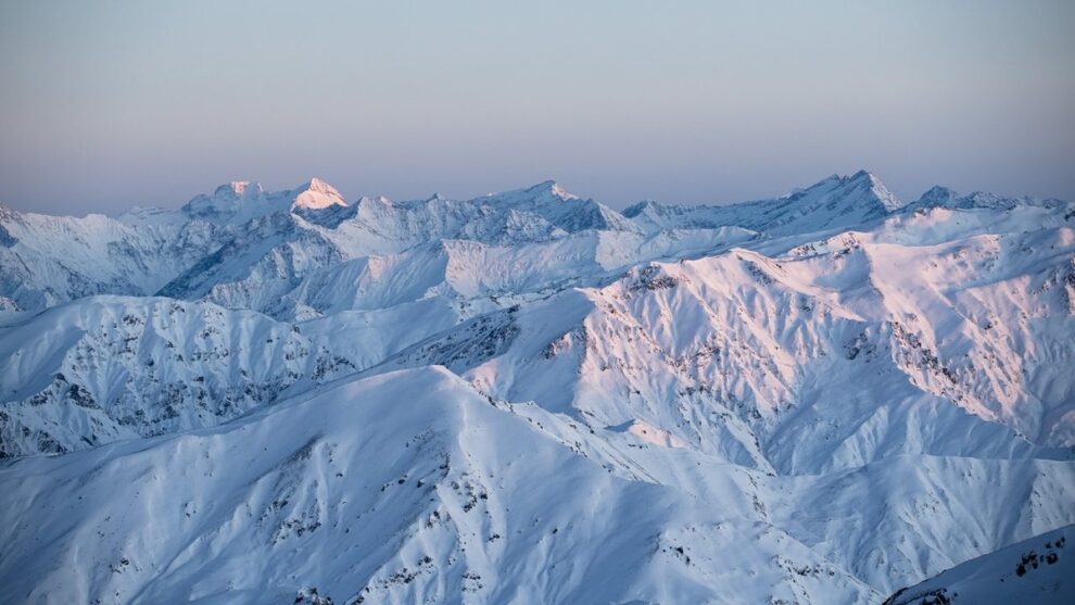 snowy peaks of the New Zealand Southern Alps - shot at dusk