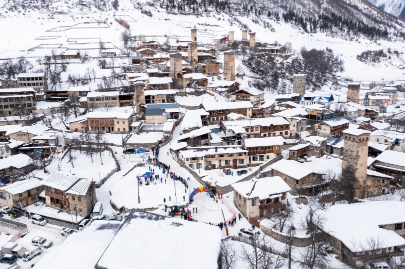 a ski village under snow