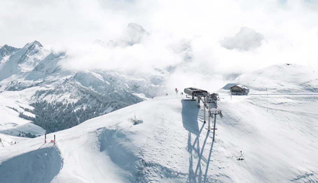 aerial shot of a top ski lift station