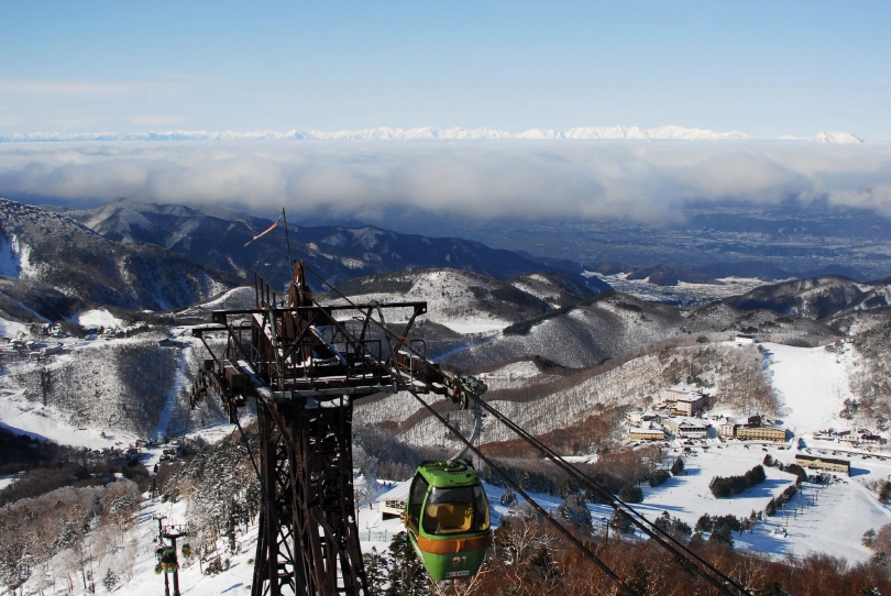 a green egg gondola above a ski resort covered in brown birch trees, can only be Japan