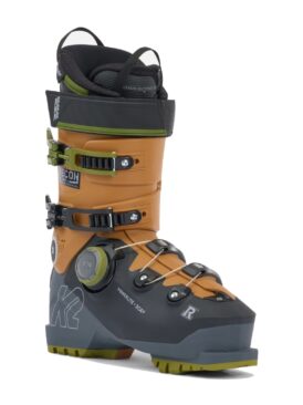 brown and blue ski boots with BOA element