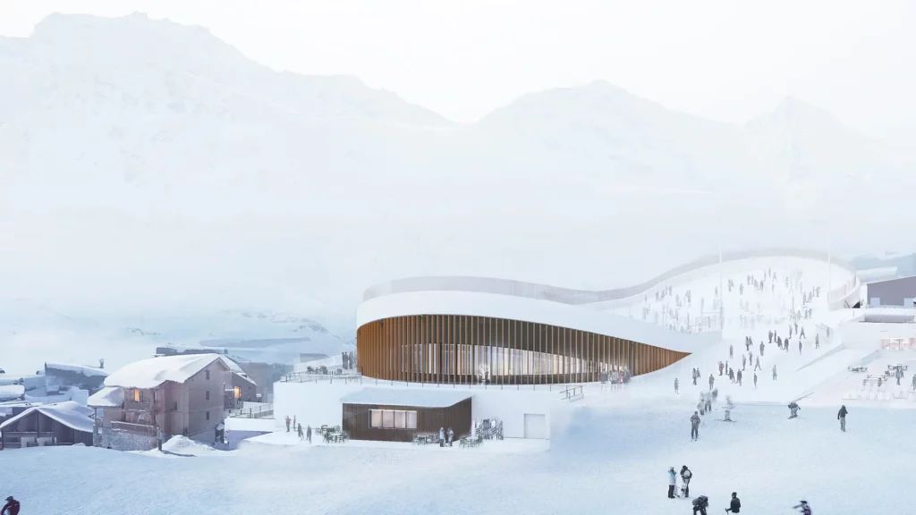sports complex Le Board in Val Thorens, shaped like an enormous snowboard, placed next to the pistes