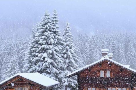 chalets dusted in fresh snow, trees behind them looking white, as snow falls