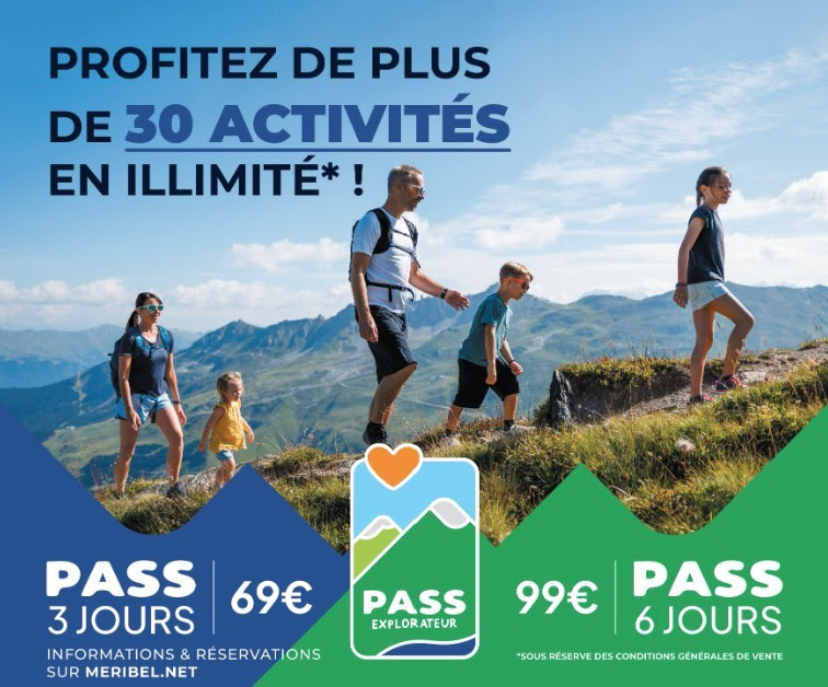 Explorer Pass Méribel 2025 promotional poster showing a family hiking in the Alps