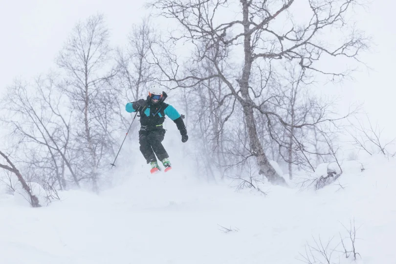 a skier takes air in a snowy setting, surrounded by birch-like trees