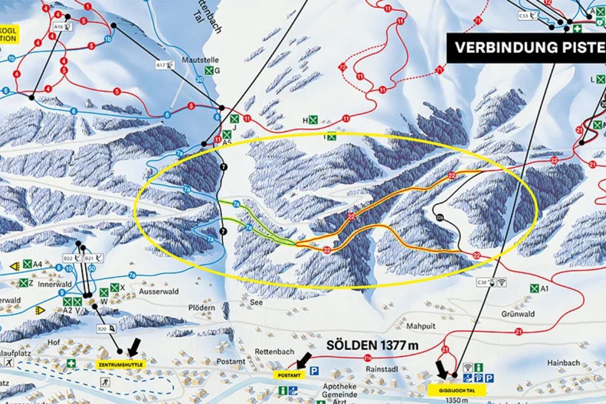 Map showing new blue slope connection between Sölden valley areas
