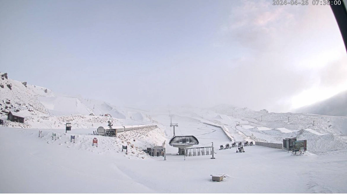 a still taken from web cam footage of a snow-dusted ski area, featuring jumps and a lift station