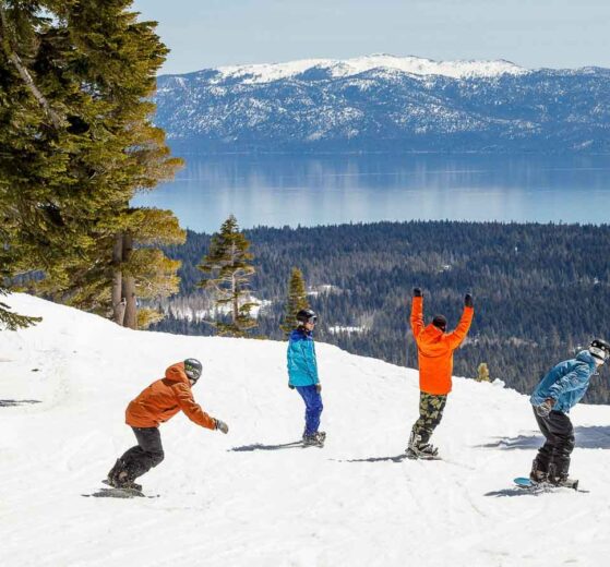 a crew of snowboarders, arms throw in the air, head away from the camera towards a snowless valley farther below