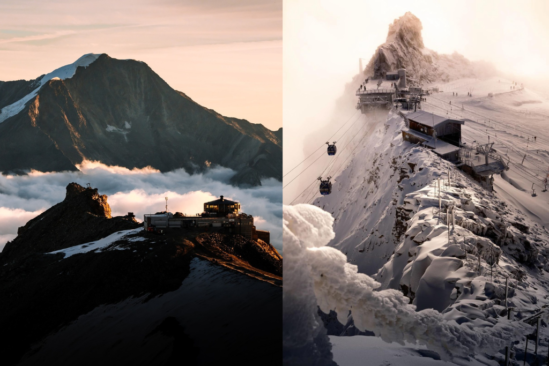 two images added to one screenshot. The image to the left is of golden soft light suggests sunset over the top station of Saas Fee glacier resort, the clouds like a sea beneath the mountain tops. The image to the right is a moody, low-lit scene at the top of the Hintertux Glacier, the gondola and chairlift running, with figures standing on the snow just visible, the whole scene either sepia or in the cloud. Rime ice on a metal wire right in front of camera adds cool effect in foreground