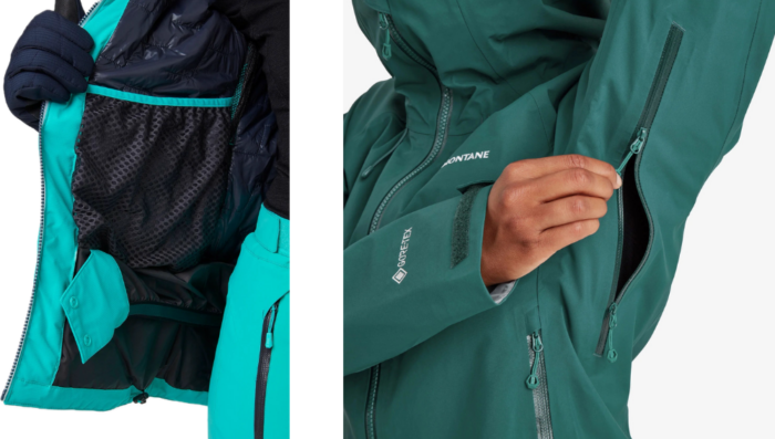 pit zips, pockets and insulation detail of 2 ski jackets
