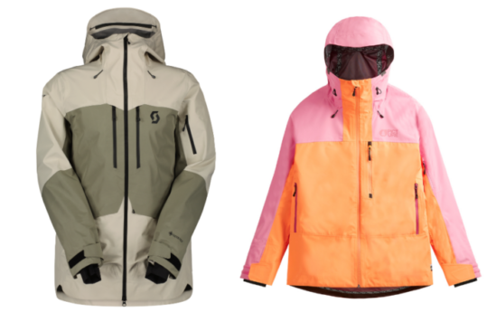 a Scott green and sage green ski jacket sits next to a pink and orange Picture jacket