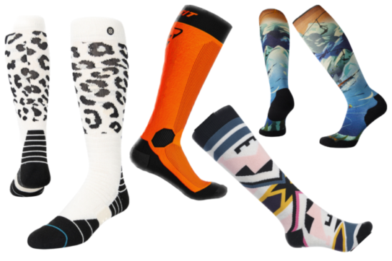 different patterned and branded ski socks mocked up on a white background