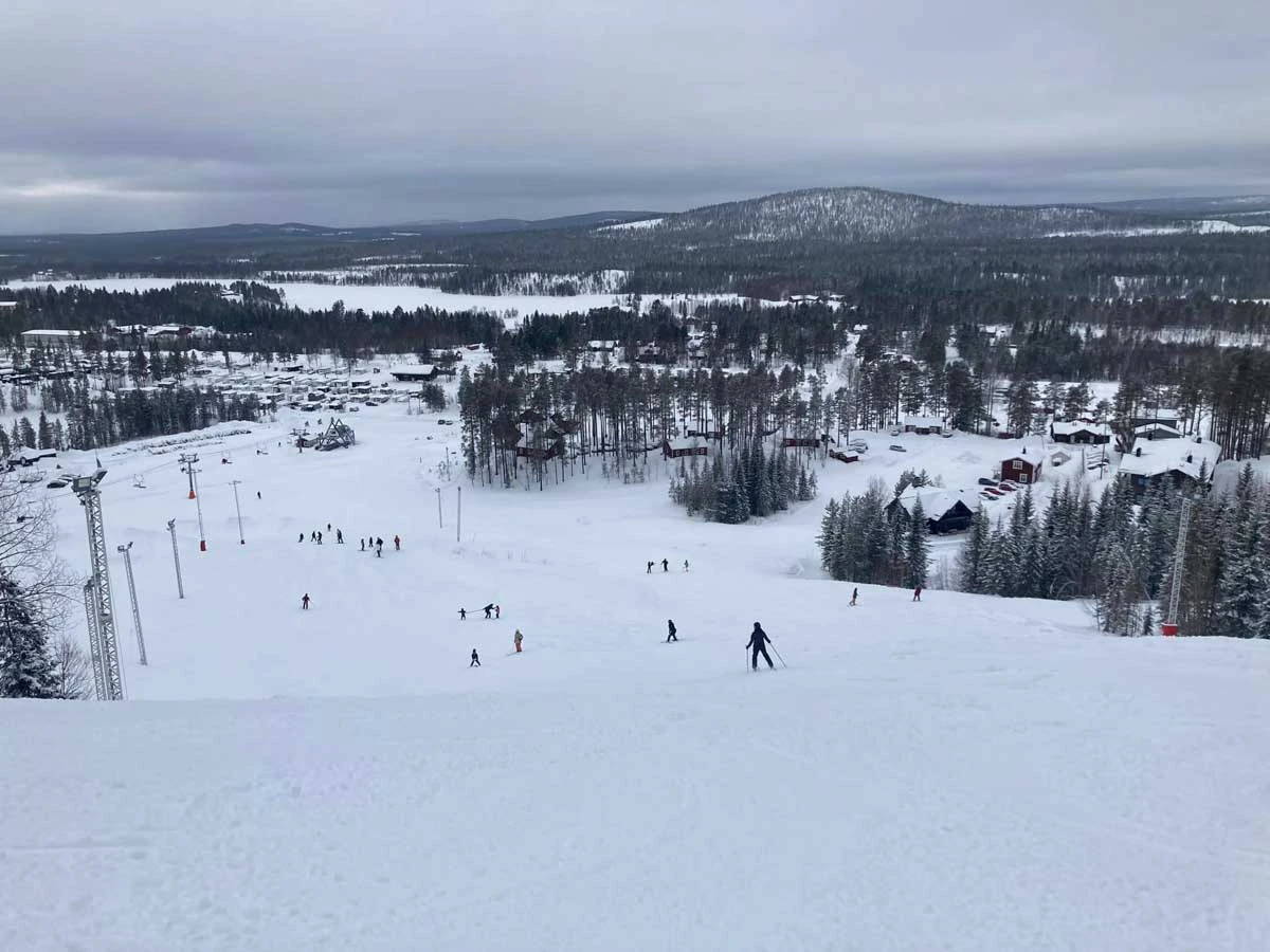 skiers head downhill on a moody day, in flattish lands of Sweden