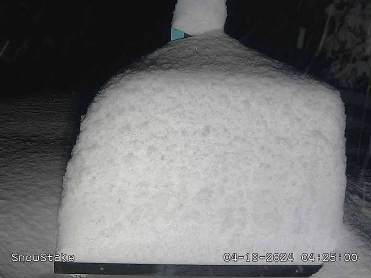 A snow-measurement taken at night over webcam, with a pile of fresh snow stacking up