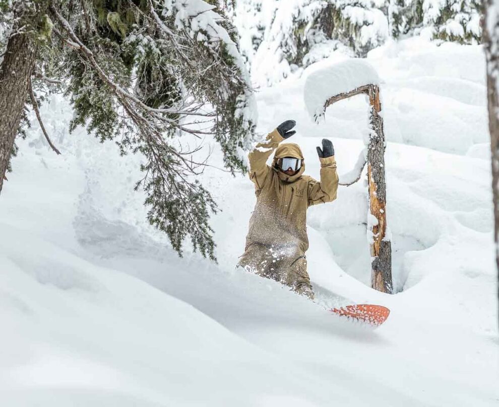 a snowboarder skiing the trees in deep fresh snow