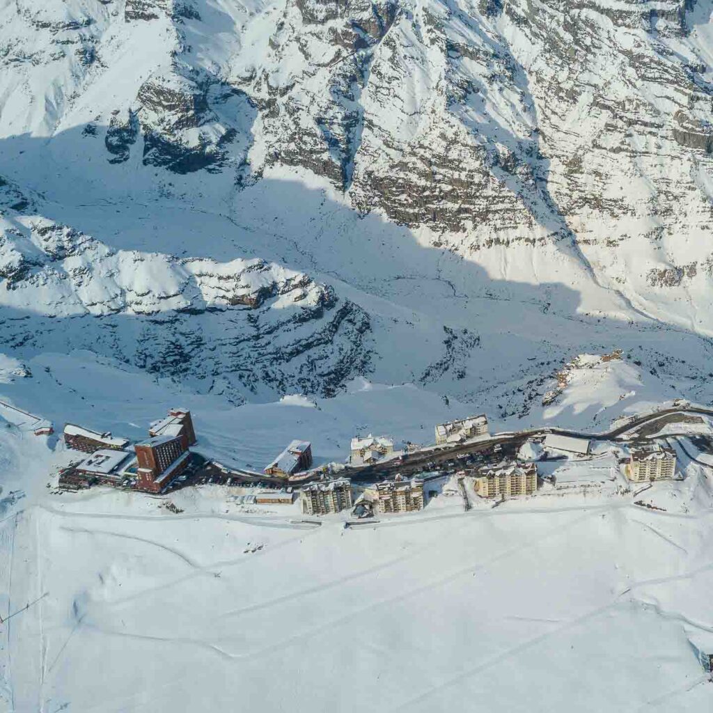 aerial image of Valle Nevado small ski village in the high mountains