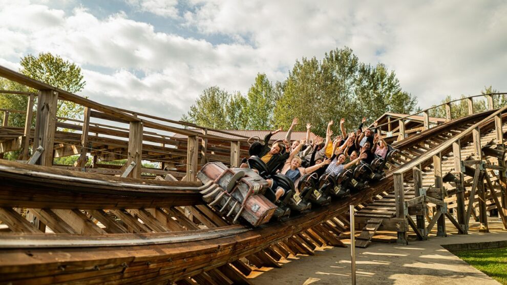 Wooden rollercoaster ride at Walibi Rhône-Alpes Alpine theme park France